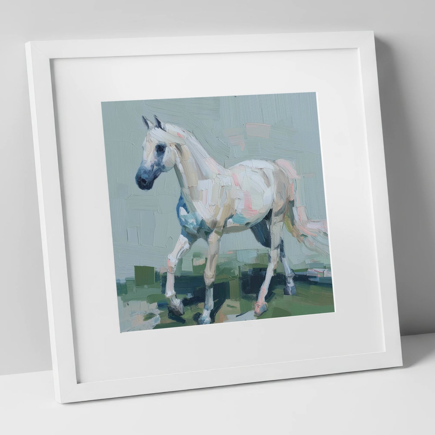 Contemporary Grey Stride horse breed art print in white frame