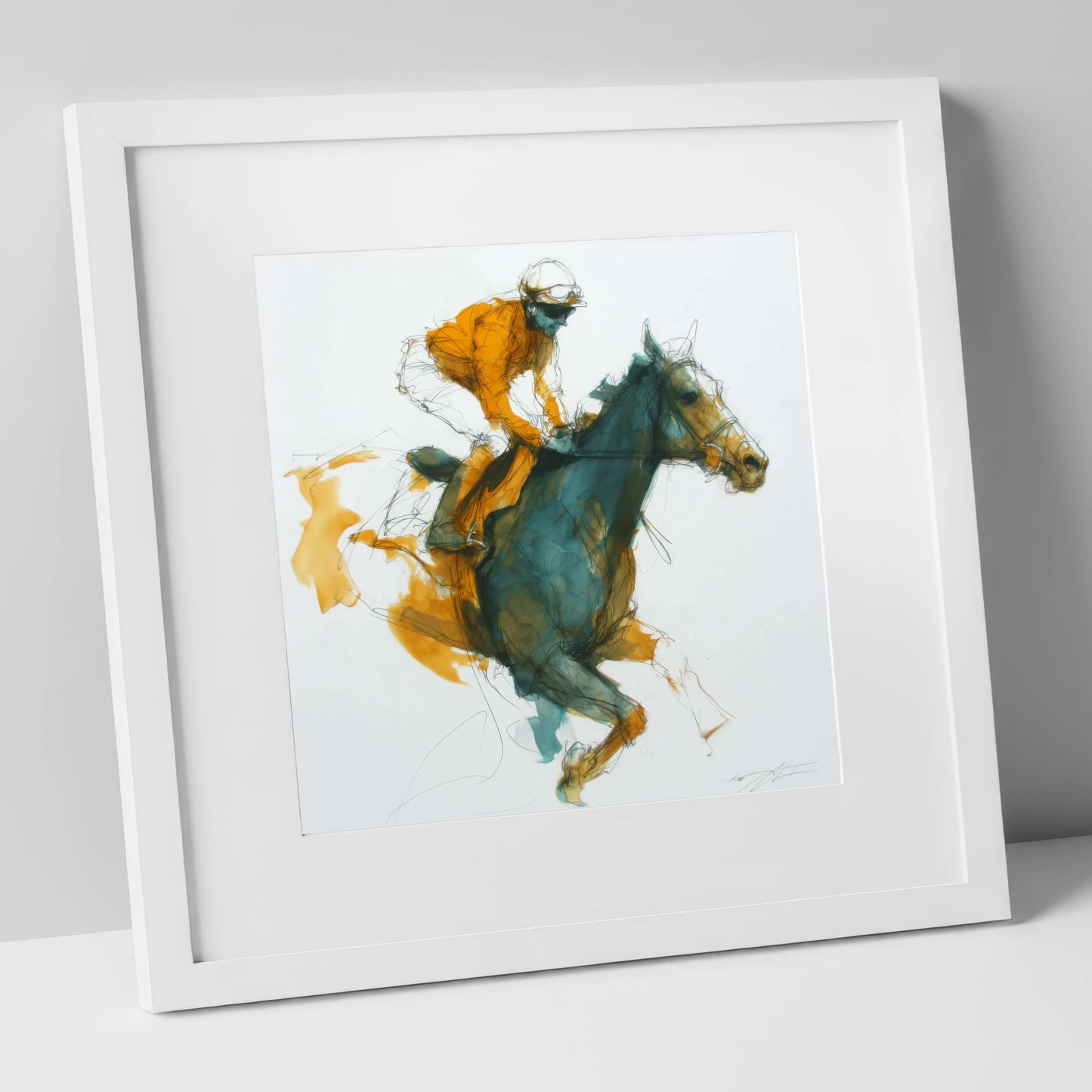 Amber Stride racing horse art print in white frame