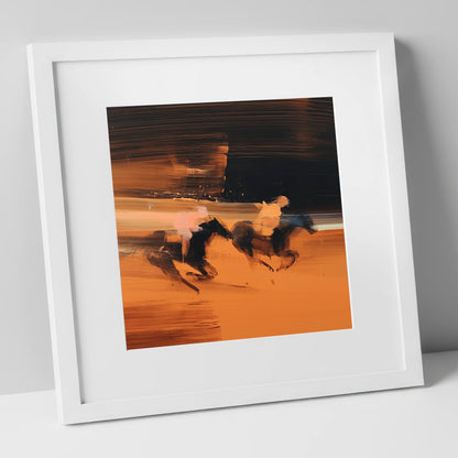 Amber Pursuit racing horse art print in white frame