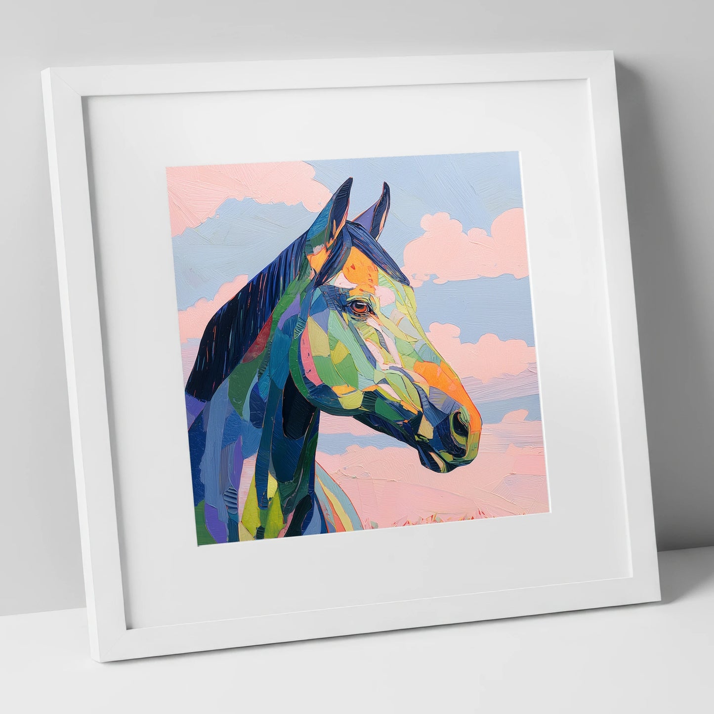 Prismatic Equine Spirit horse portrait art print in white frame