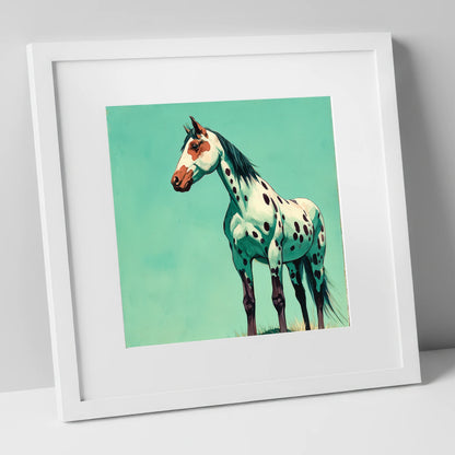 Striking Spotted Appaloosa horse breed art print in white frame