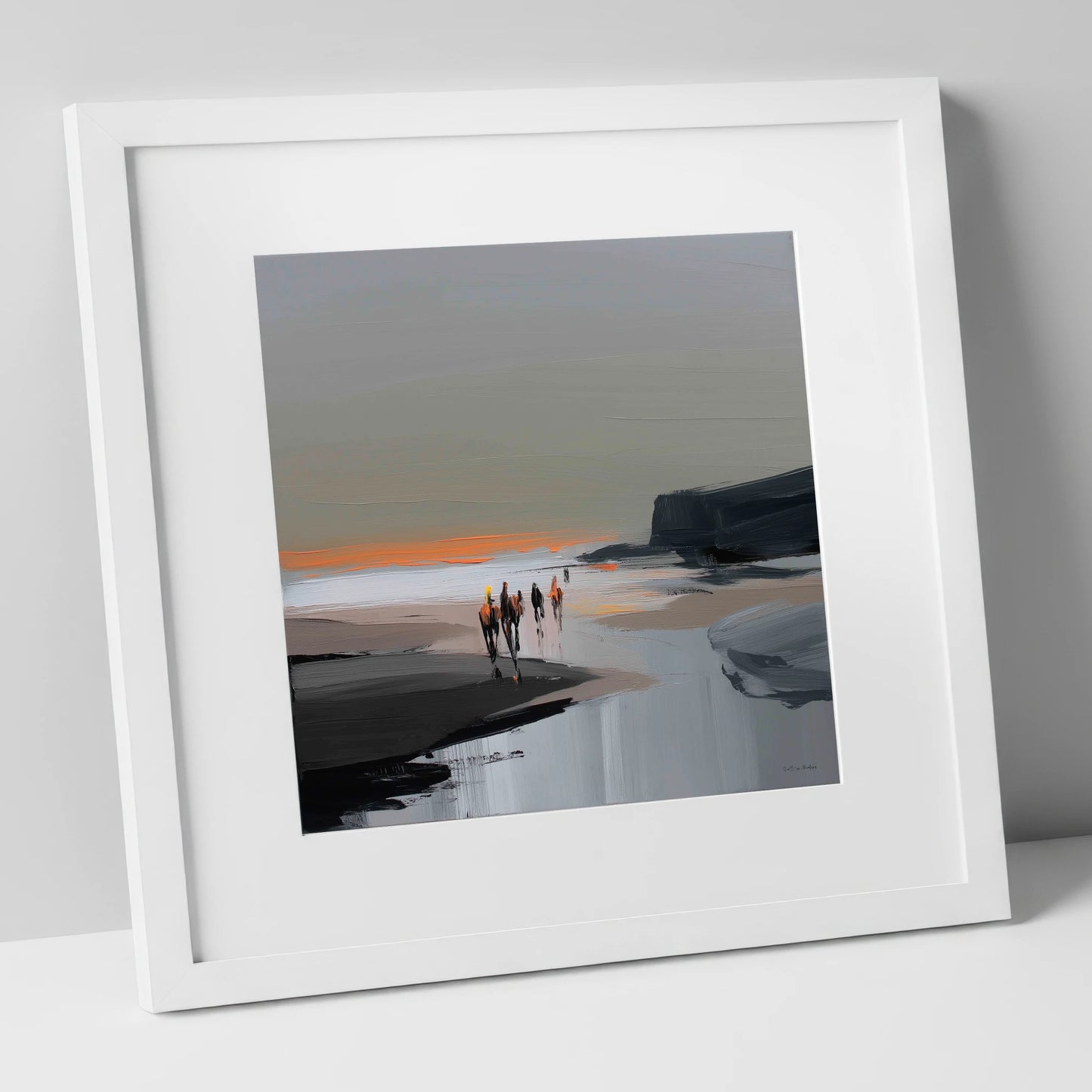 Sunset Coastal Hack horse landscape art print in white frame