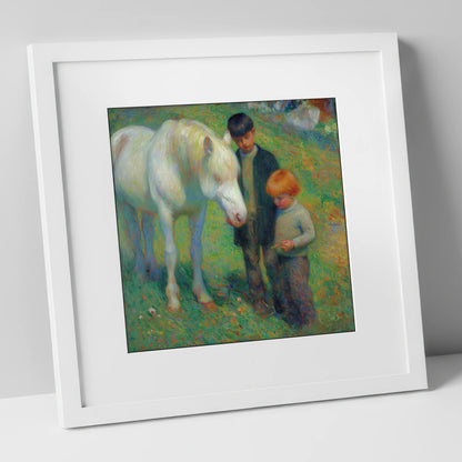 The Gentle Grey horse & rider art print in white frame
