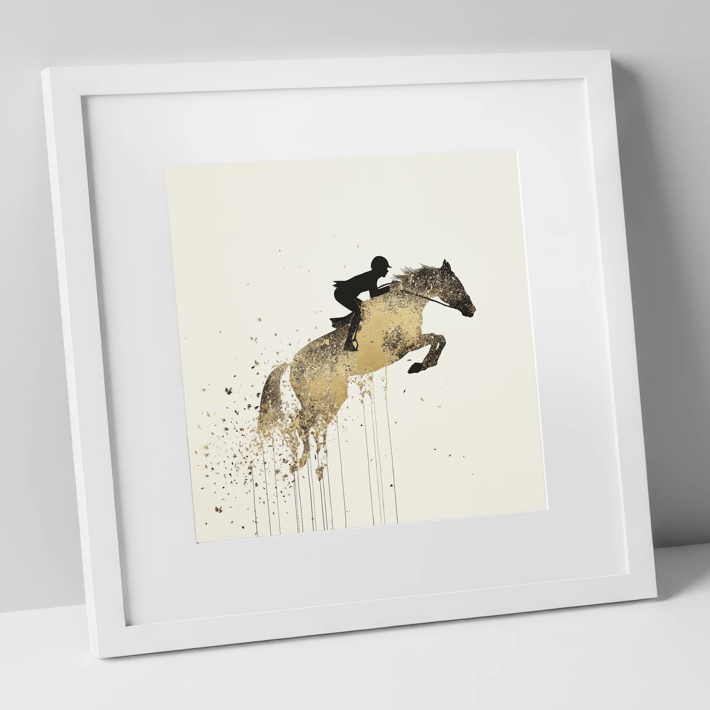 Airborne Gold show jumping horse art print in white frame