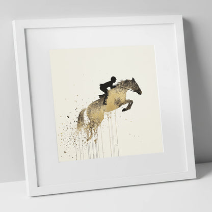 Airborne Gold show jumping horse art print in white frame