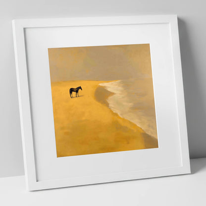 Golden Shoreline Solitude horse landscape art print in white frame