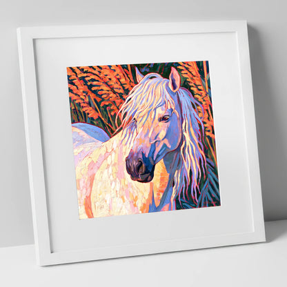 Vibrant Grey Horse Portrait horse breed art print in white frame