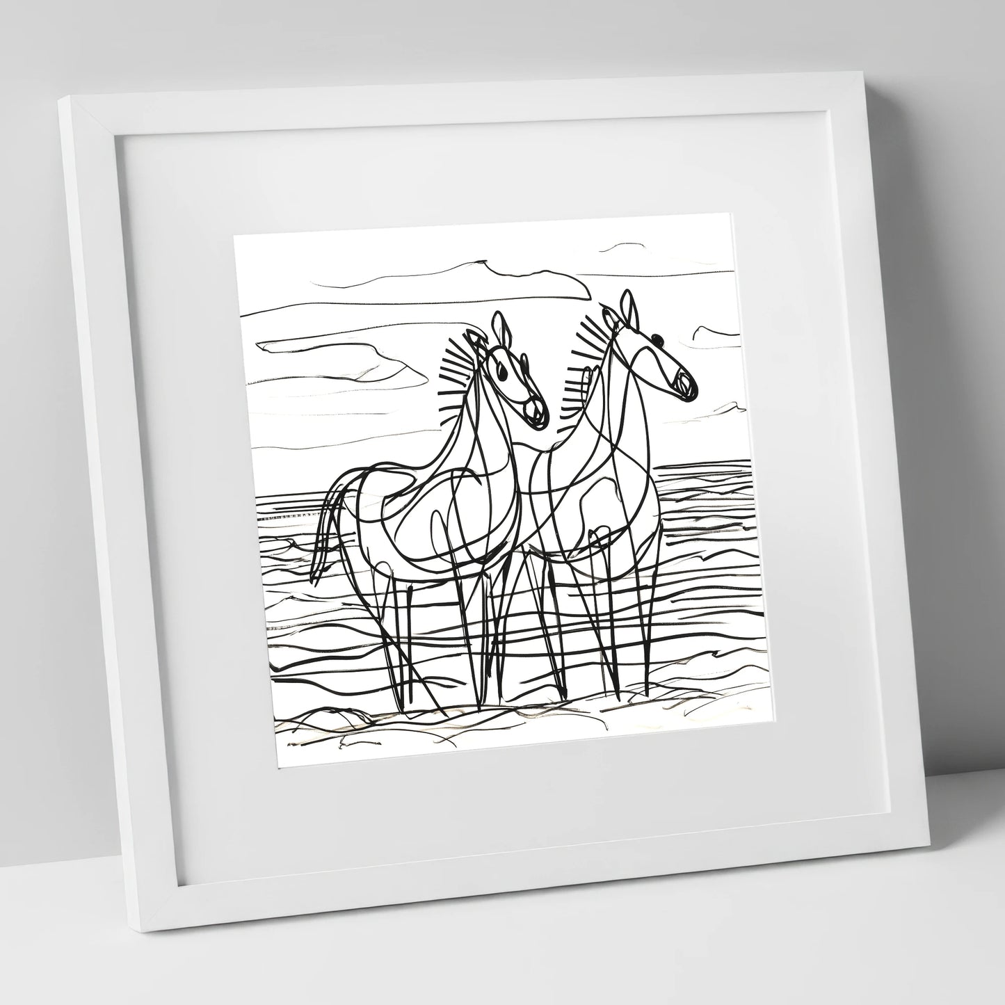 Linear Equine Companions horse landscape art print in white frame
