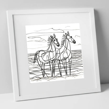 Linear Equine Companions horse landscape art print in white frame