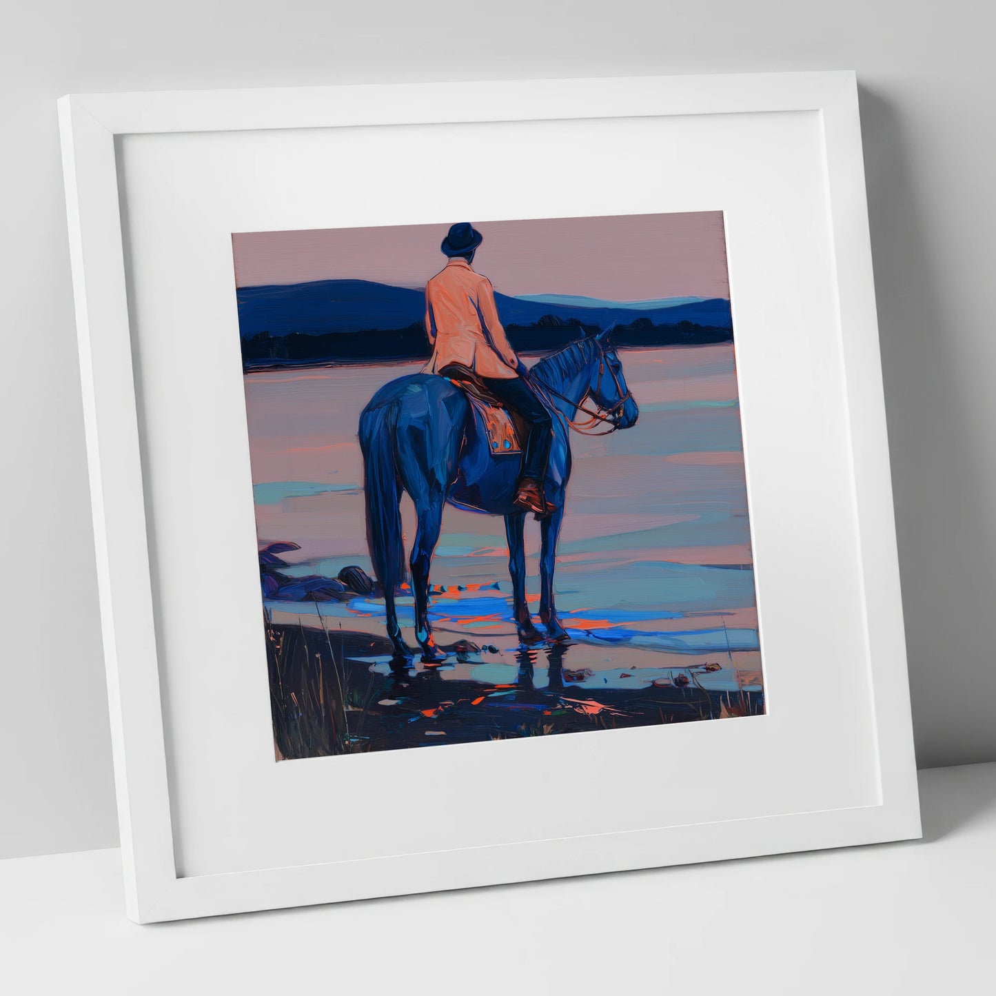 Indigo Coastal Hack beach horse art print in white frame