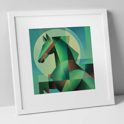 Geometric Emerald Profile horse portrait art print in white frame