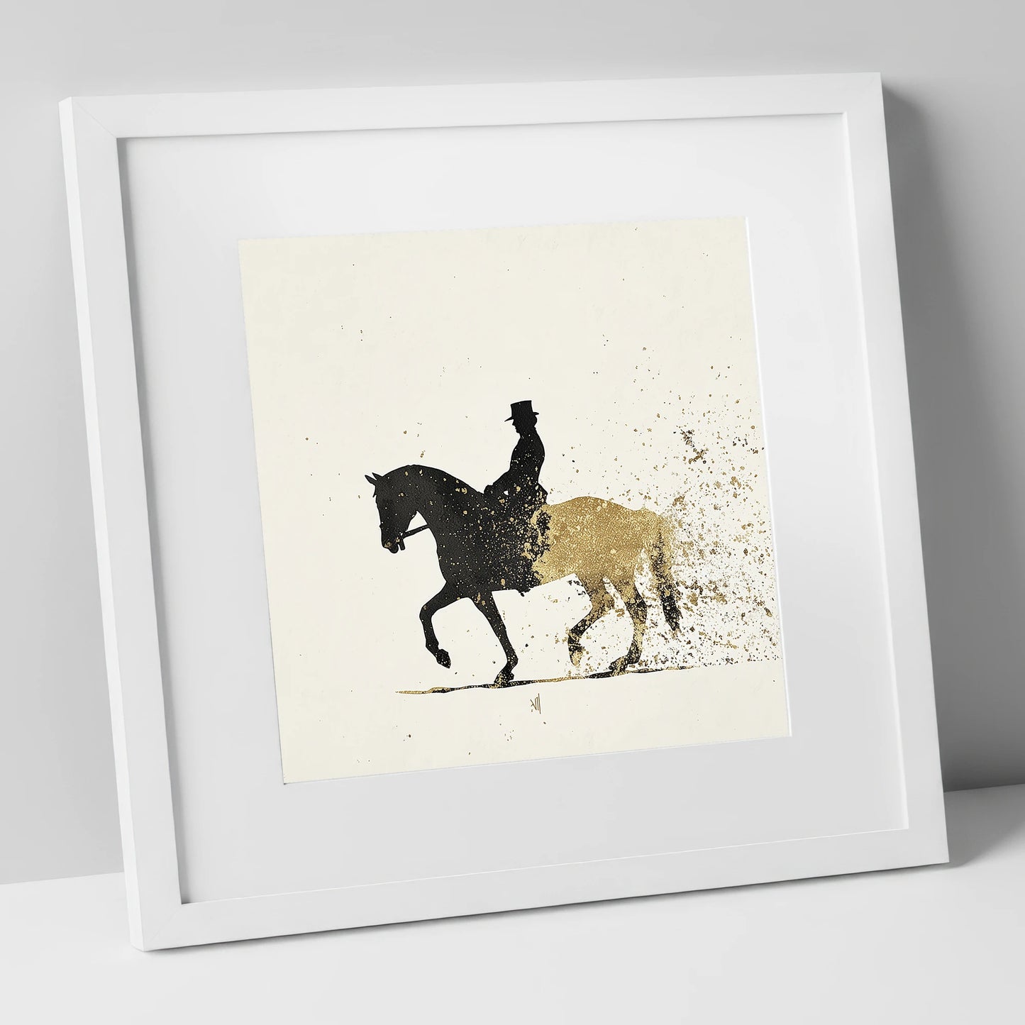 The Golden Passage dressage horse art print in white frame