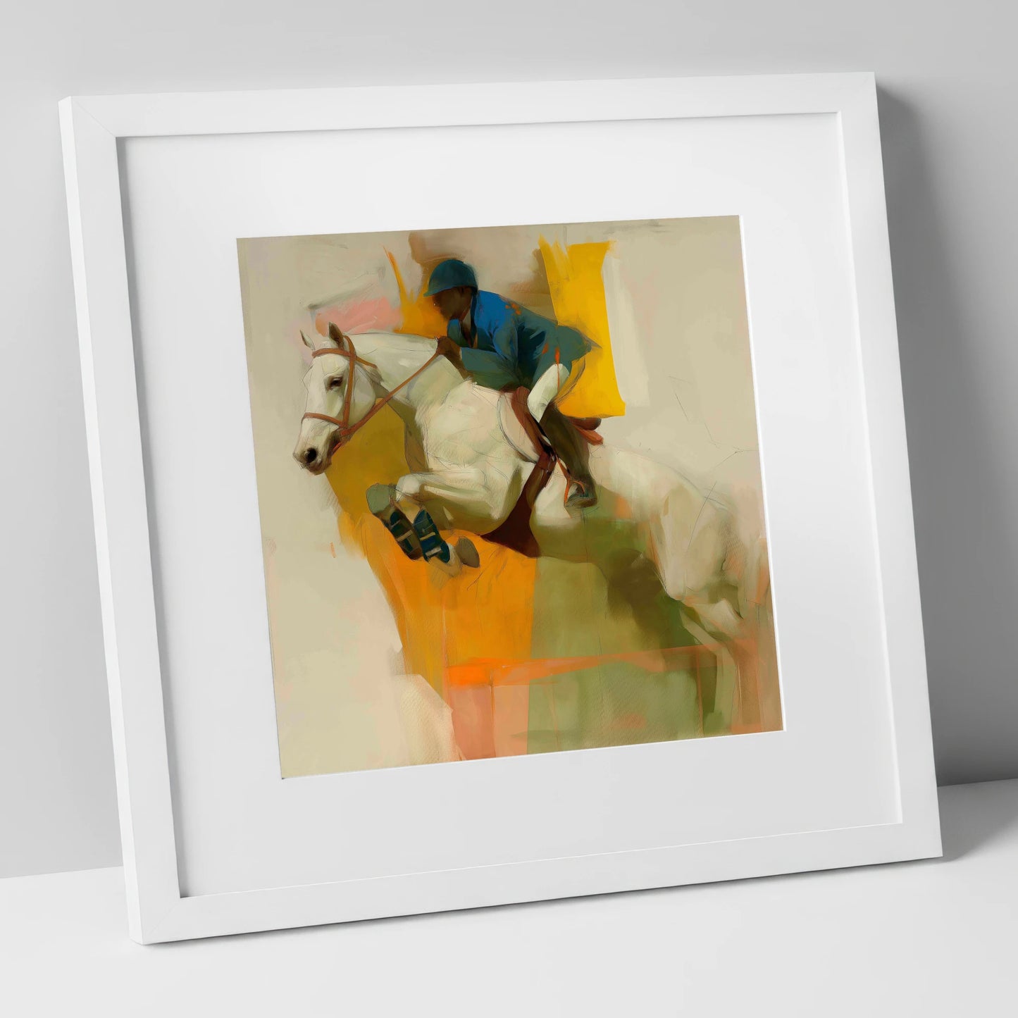 The Moment of Suspension show jumping horse art print in white frame