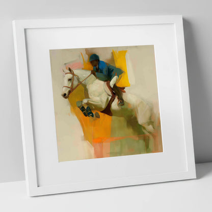 The Moment of Suspension show jumping horse art print in white frame