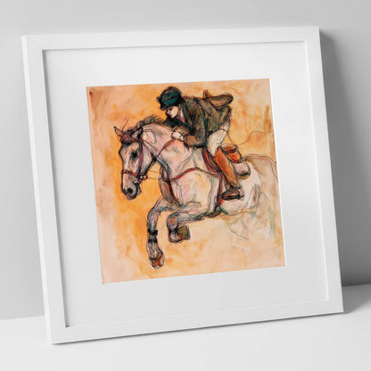 Airborne in Ochre show jumping horse art print in white frame