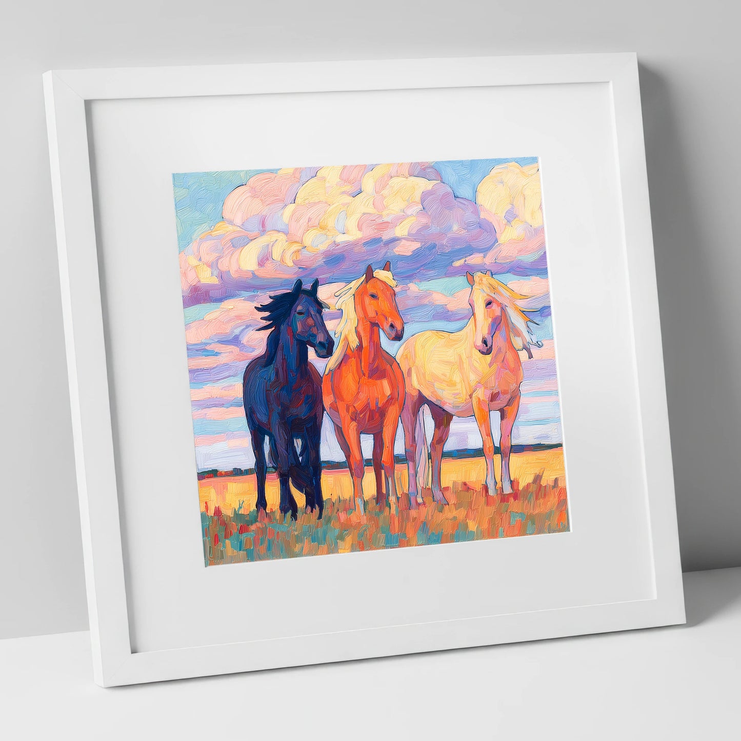 Three Under Painted Skies horse landscape art print in white frame