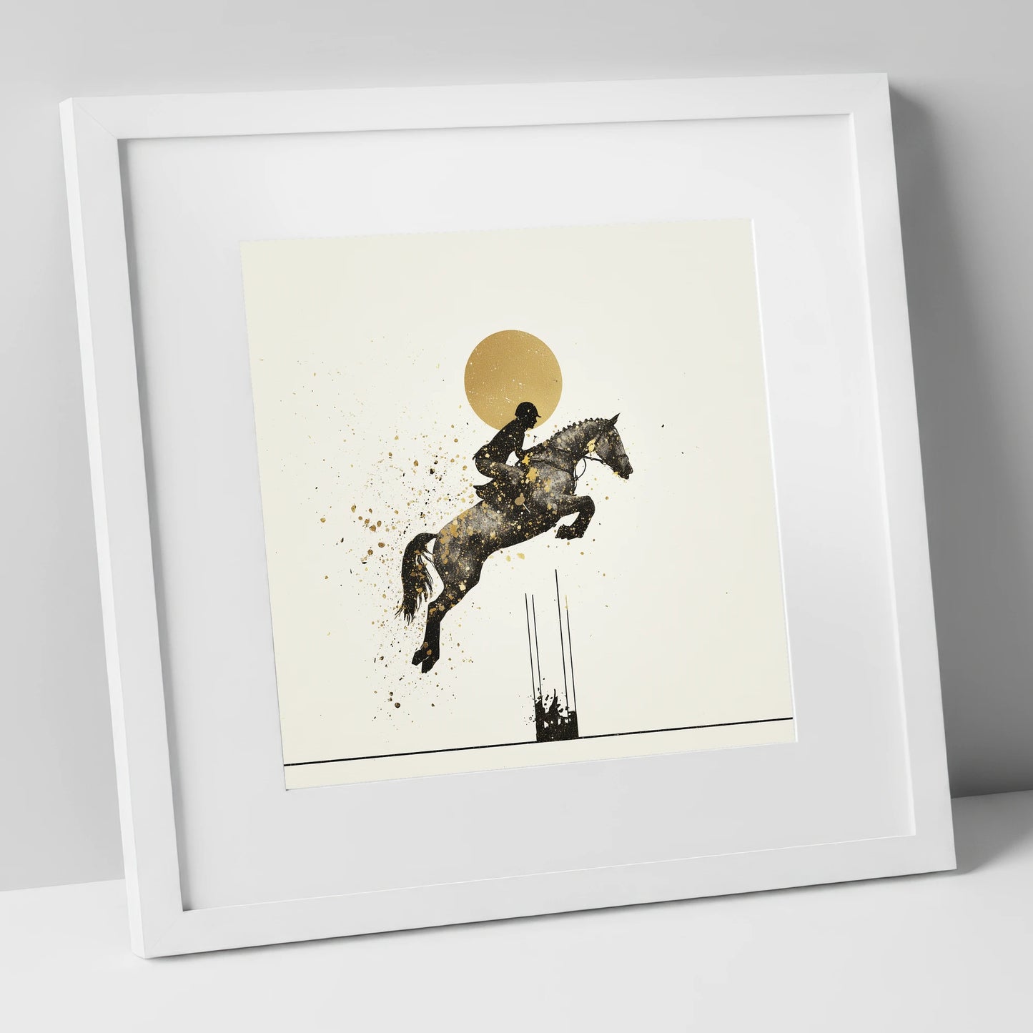 Golden Arc Showjumper show jumping horse art print in white frame