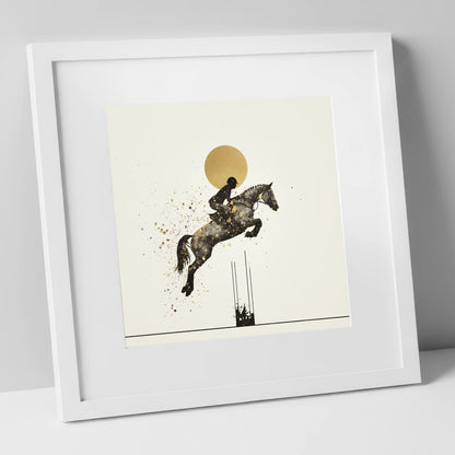 Golden Arc Showjumper show jumping horse art print in white frame