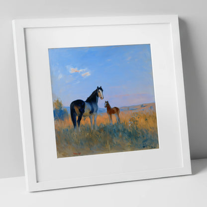 Luminous Pasture Bond mare & foal art print in white frame