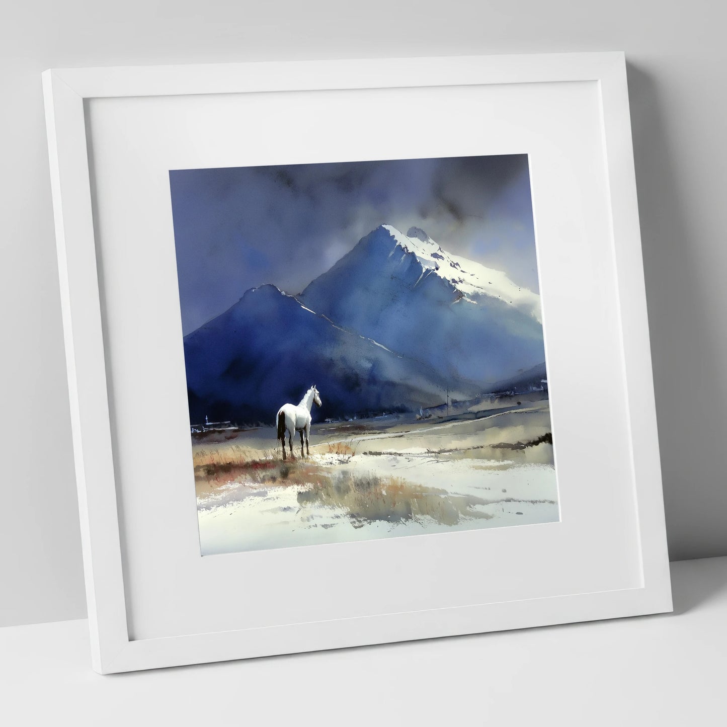 Winter Alpine Solitude horse landscape art print in white frame