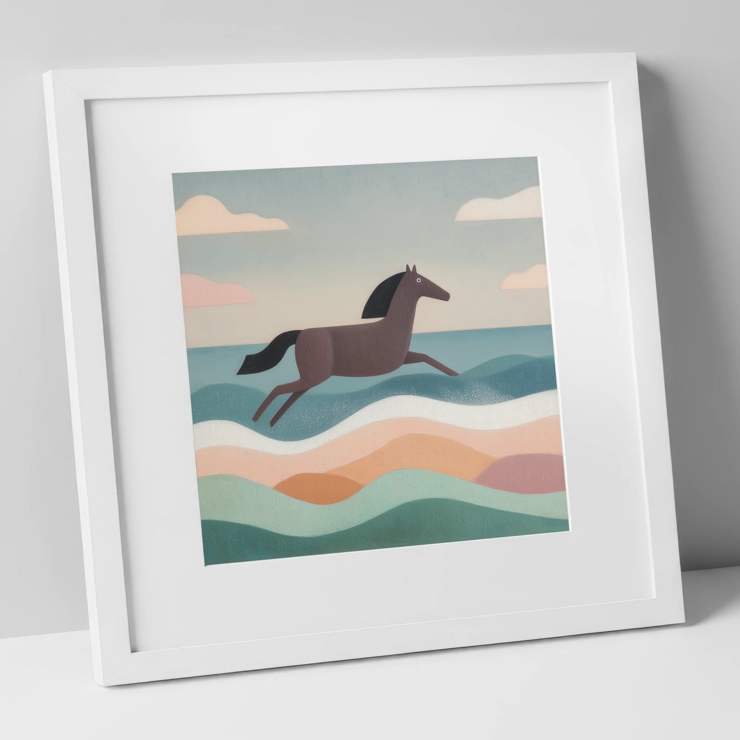 Rhythmic Coastal Canter beach horse art print in white frame