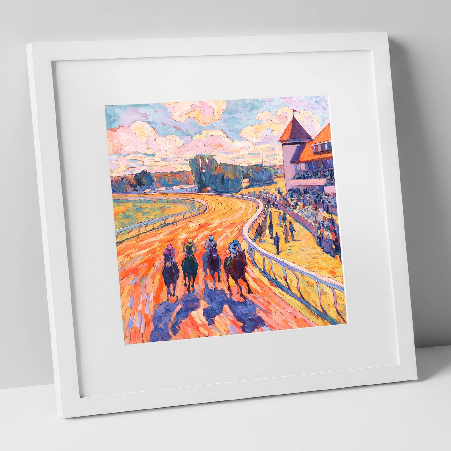 Colours of the Home Straight racing horse art print in white frame