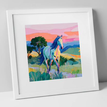 The Vivid Stride horse breed art print in white frame