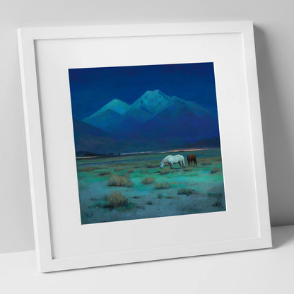 Indigo Night Pasture horse landscape art print in white frame