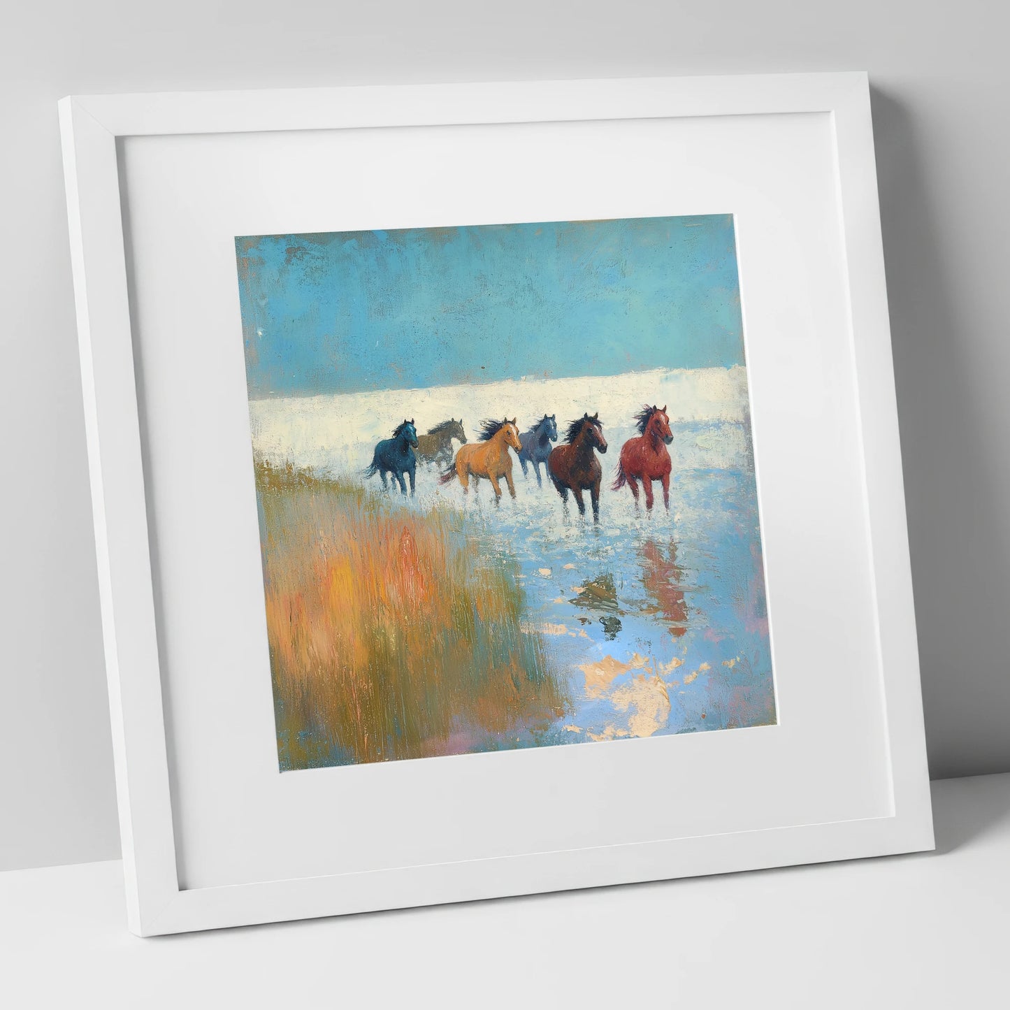 Through the Shallows wild horses art print in white frame