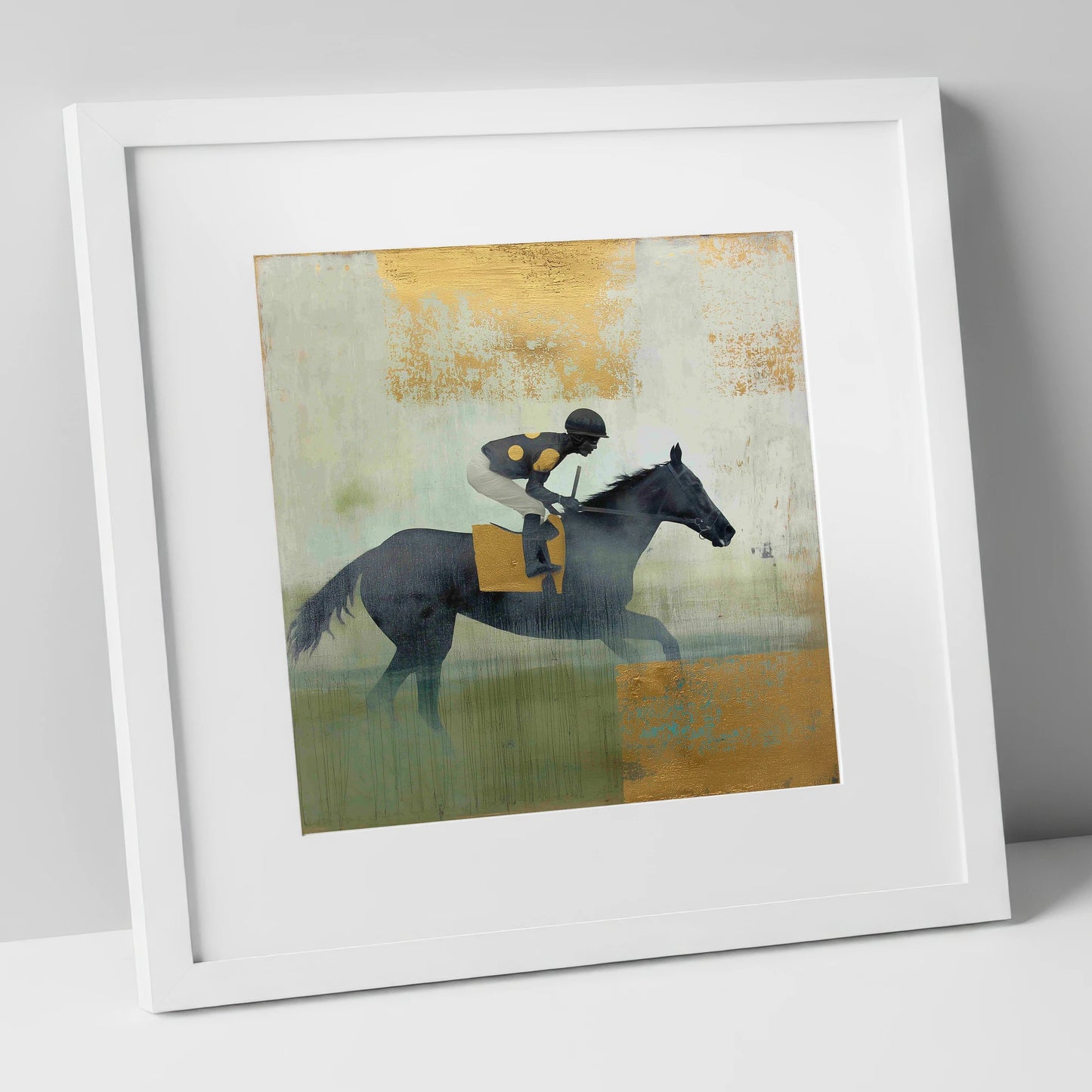 The Gilded Gallop racing horse art print in white frame