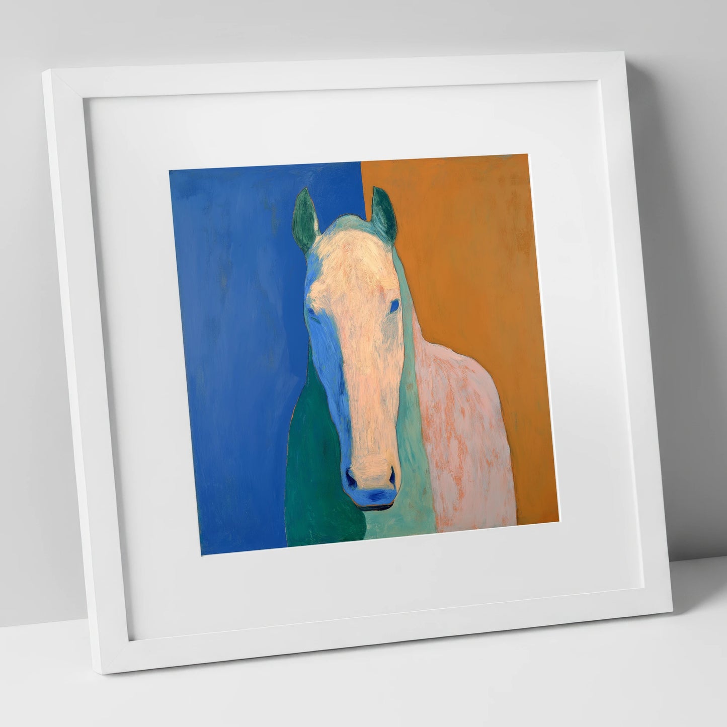 Cobalt And Clay Equine horse portrait art print in white frame