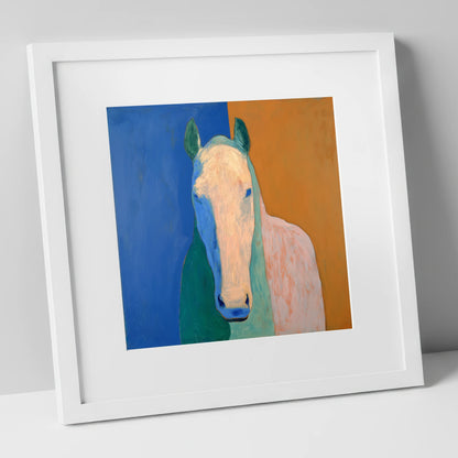 Cobalt And Clay Equine horse portrait art print in white frame