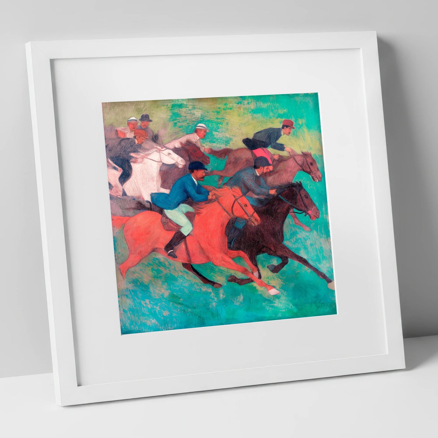 The Crimson Stride racing horse art print in white frame
