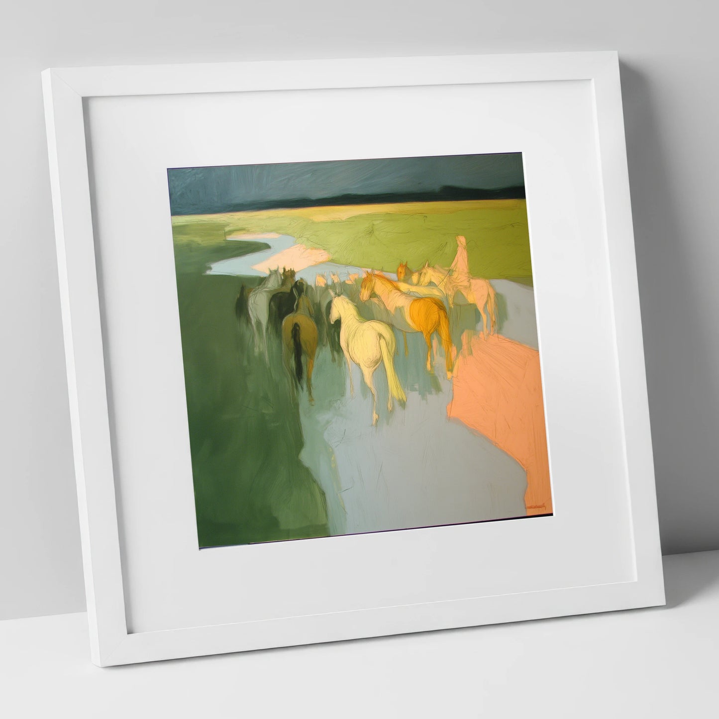 The River Crossing horse landscape art print in white frame