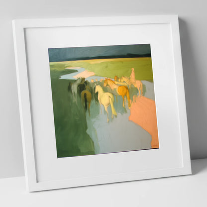 The River Crossing horse landscape art print in white frame