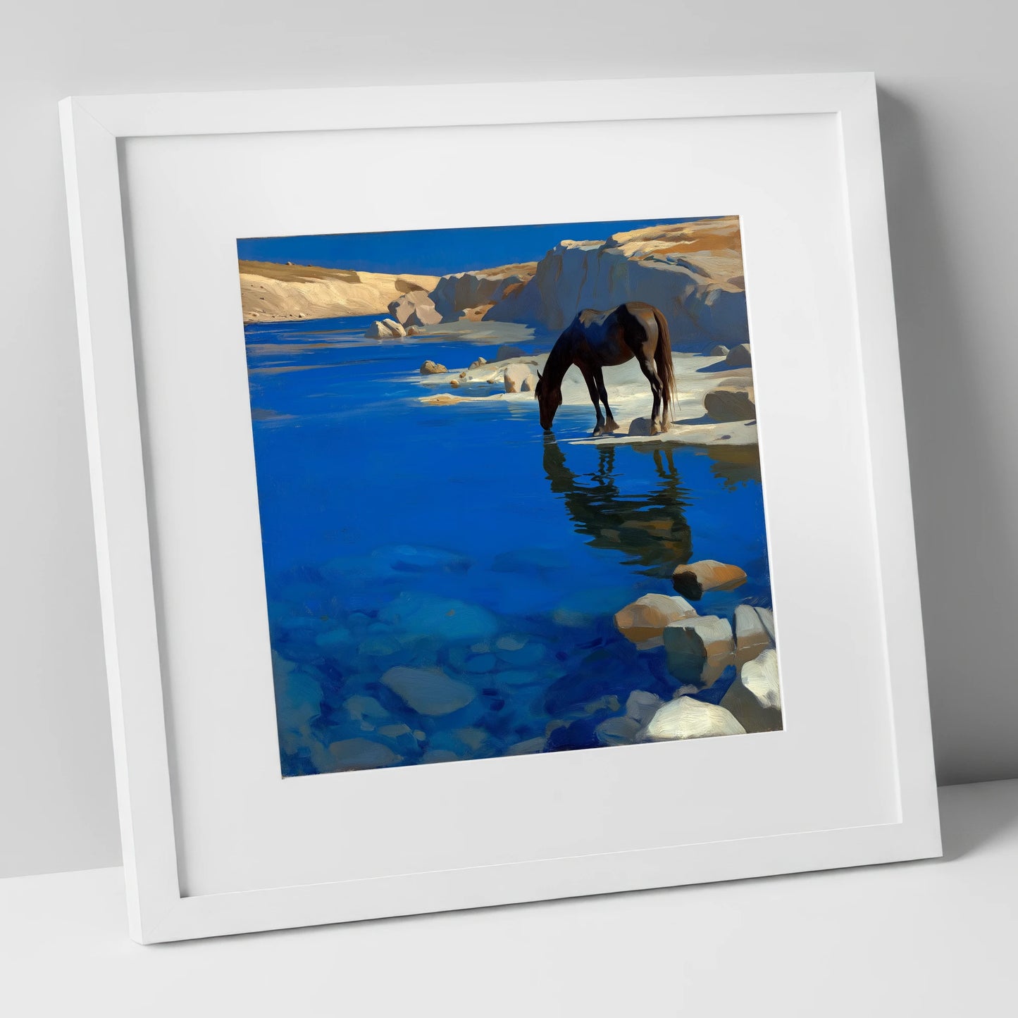 Ultramarine Oasis horse landscape art print in white frame