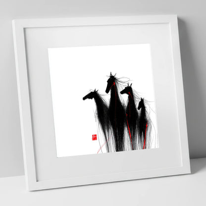 Crimson Thread Herd wild horses art print in white frame