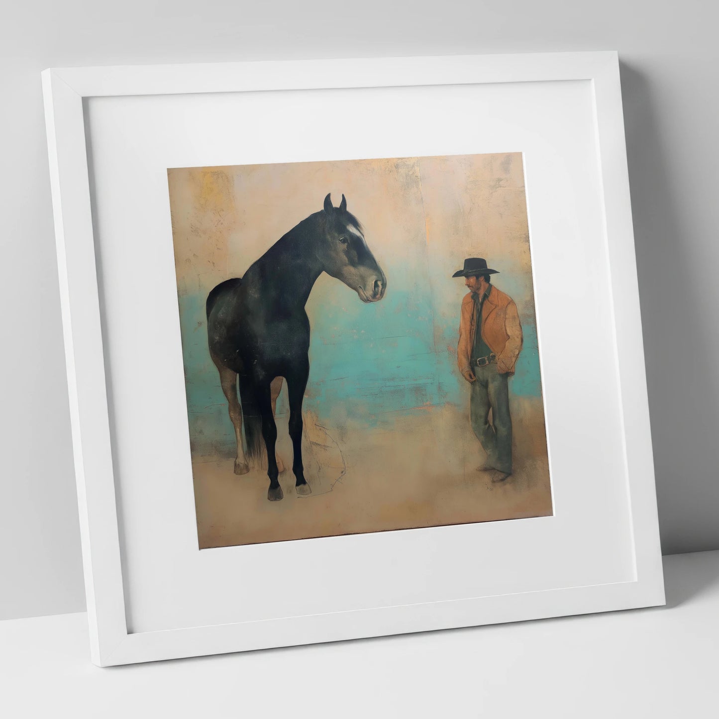 The Quiet Accord western horse art print in white frame