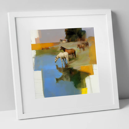 Cerulean Reflections wild horses art print in white frame