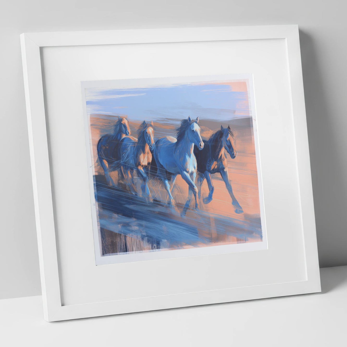 Cobalt Horizon Herd wild horses art print in white frame