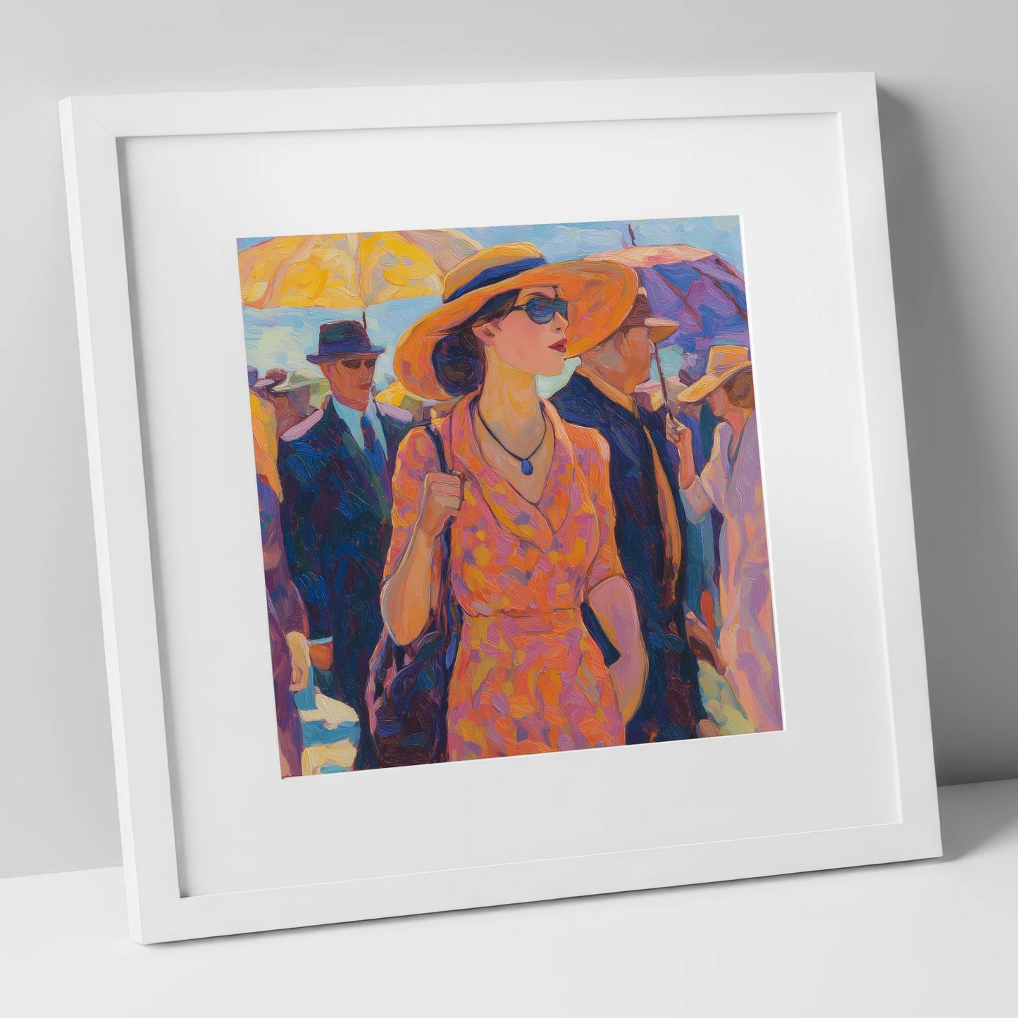 Race Day Glamour racing horse art print in white frame