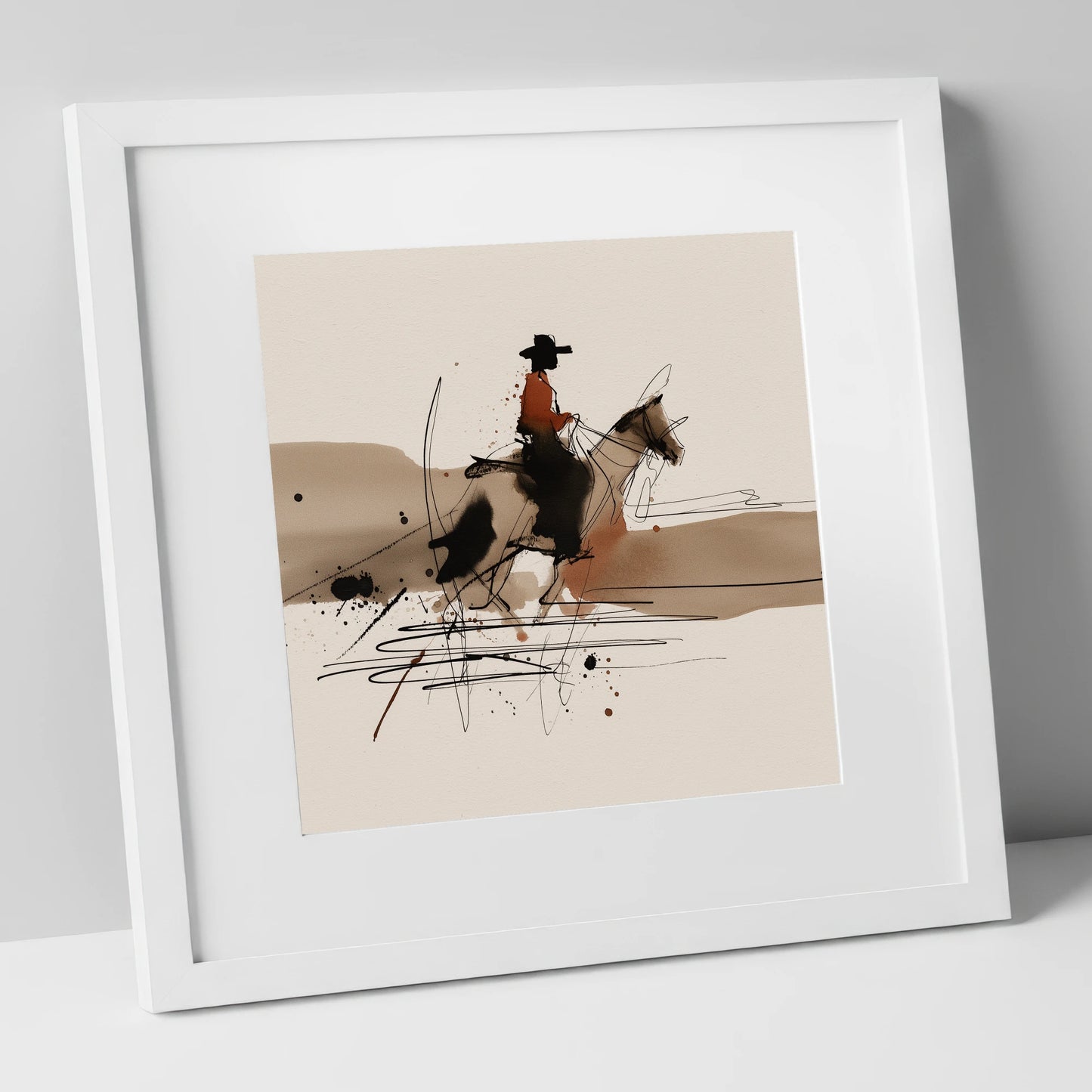 Western Trail Silhouette western horse art print in white frame