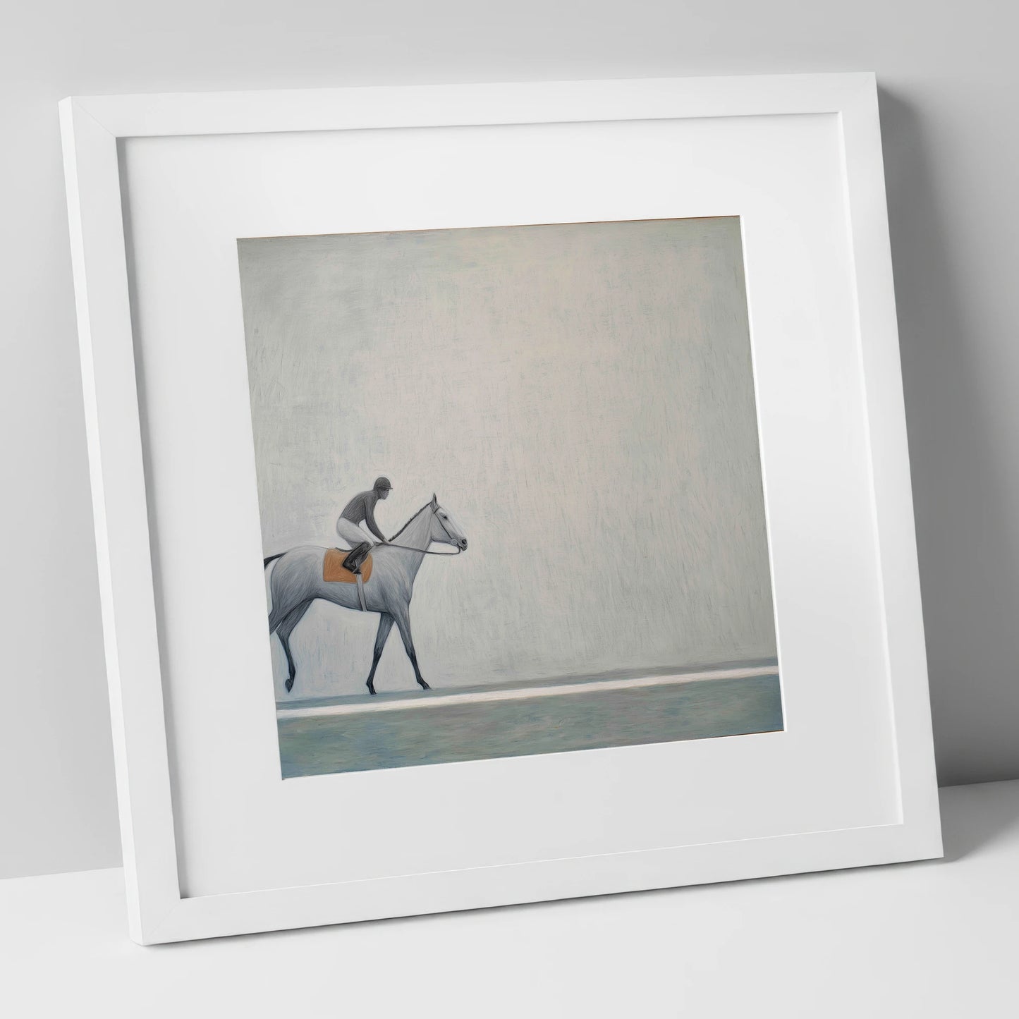 Silent Stride racing horse art print in white frame