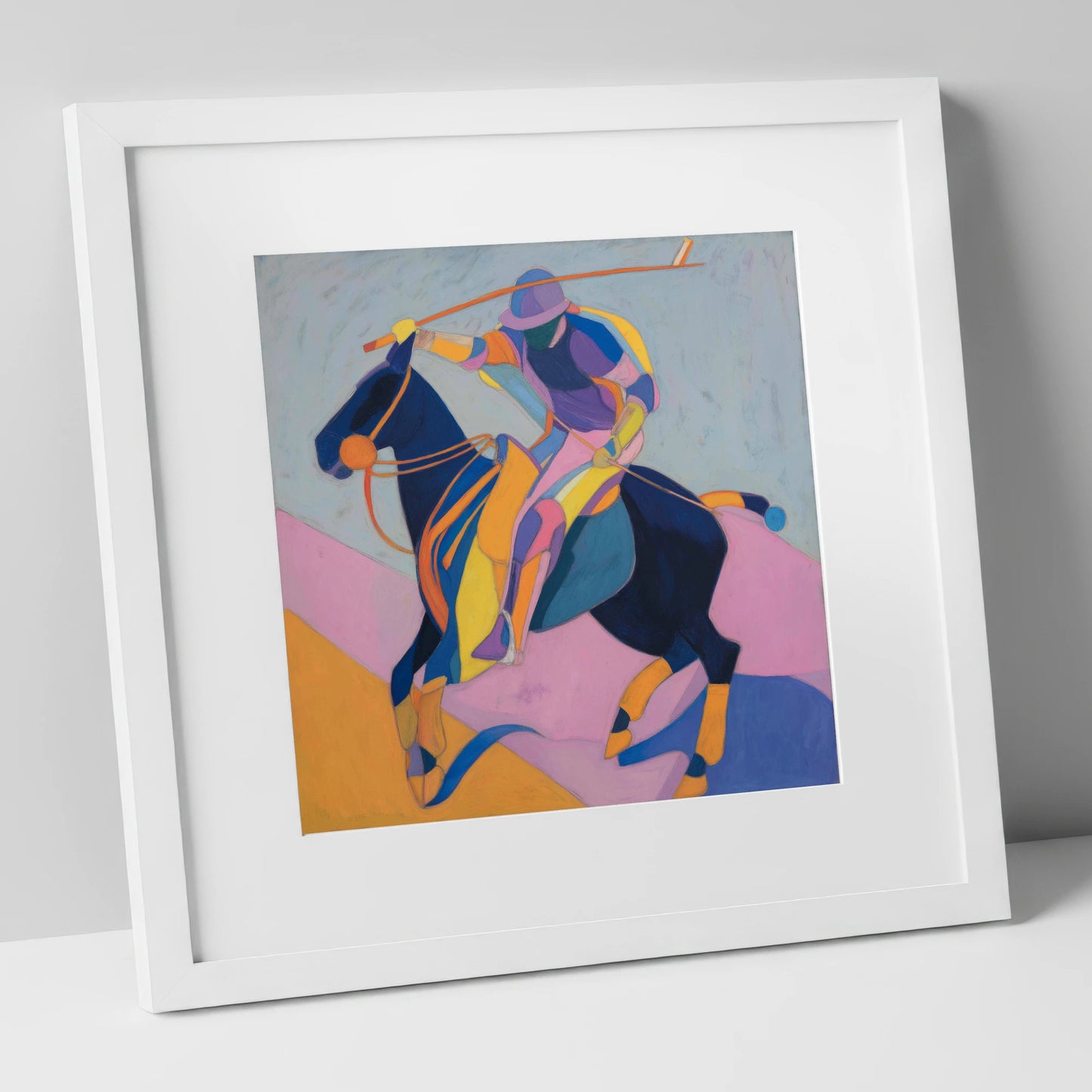 Vibrant Polo Strike polo horse art print in white frame