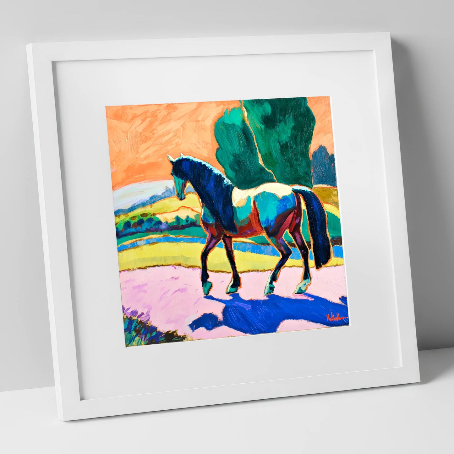 The Cobalt Stride horse breed art print in white frame