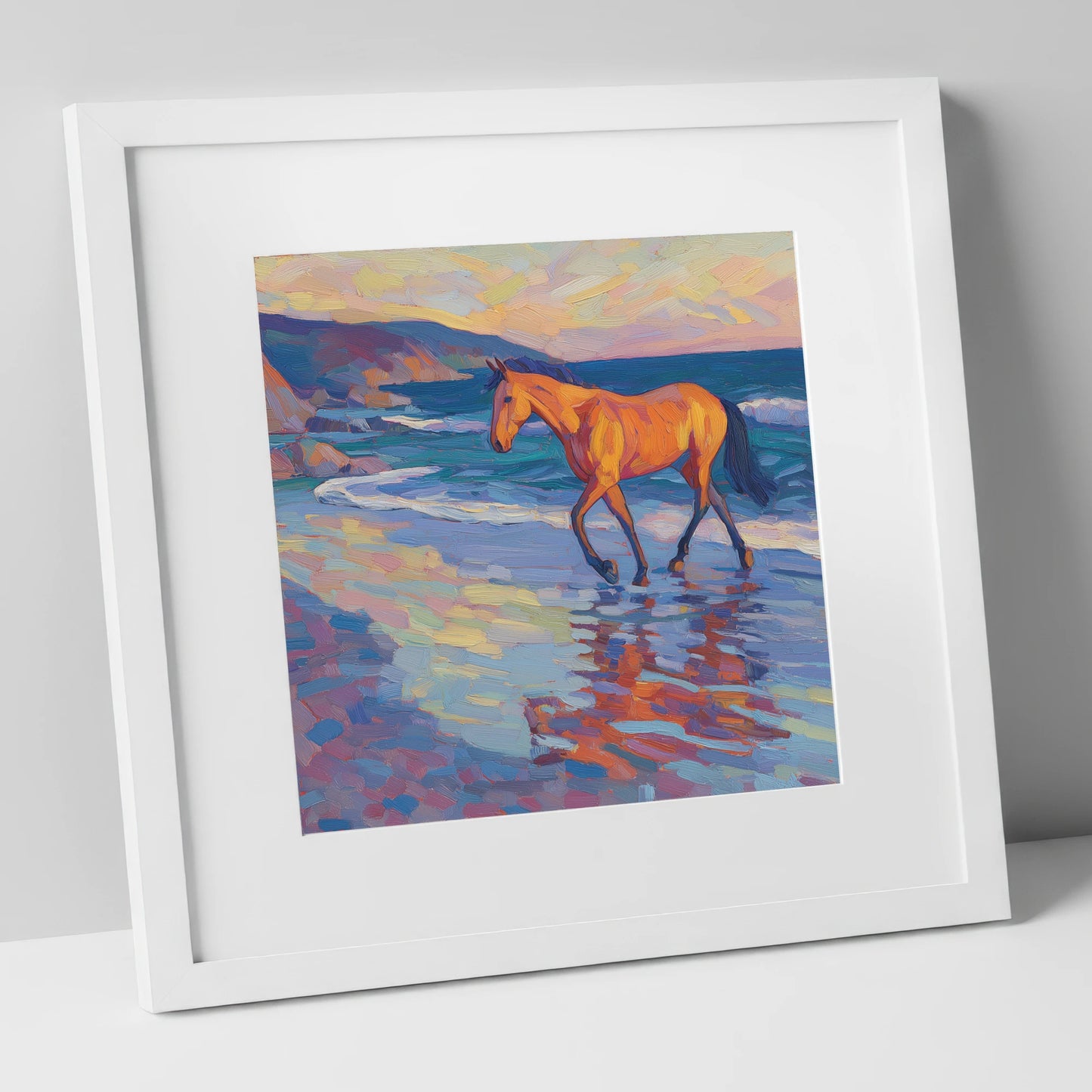 Vibrant Coastal Stride horse landscape art print in white frame