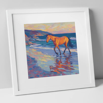 Vibrant Coastal Stride horse landscape art print in white frame