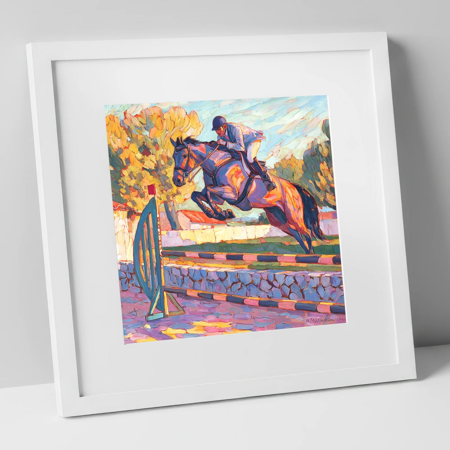 Sunset Flight show jumping horse art print in white frame