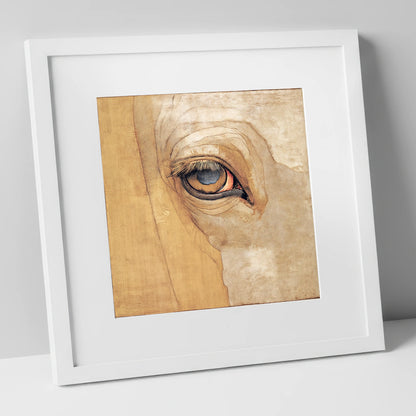 The Golden Gaze horse portrait art print in white frame