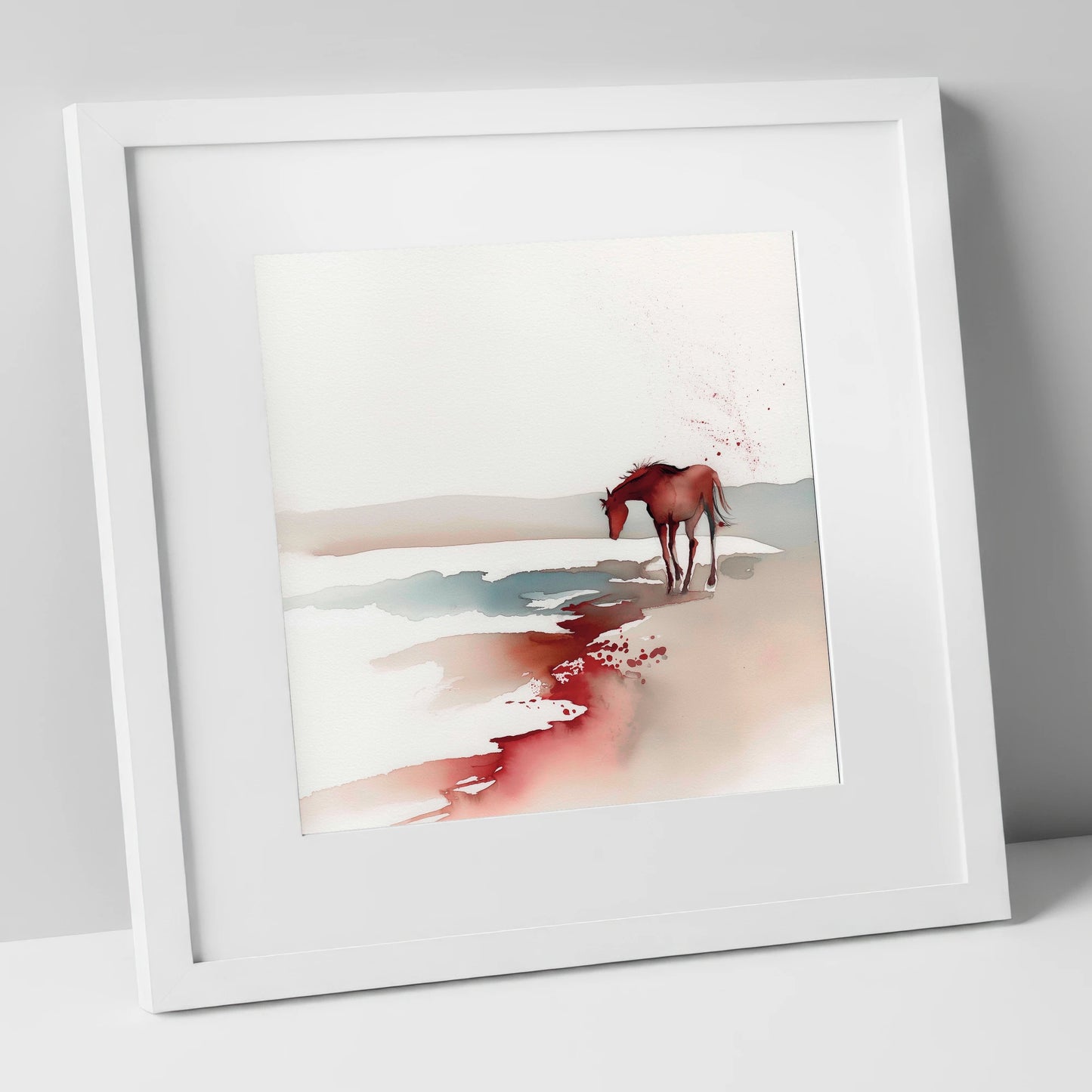 Crimson Waterside Solitude horse landscape art print in white frame